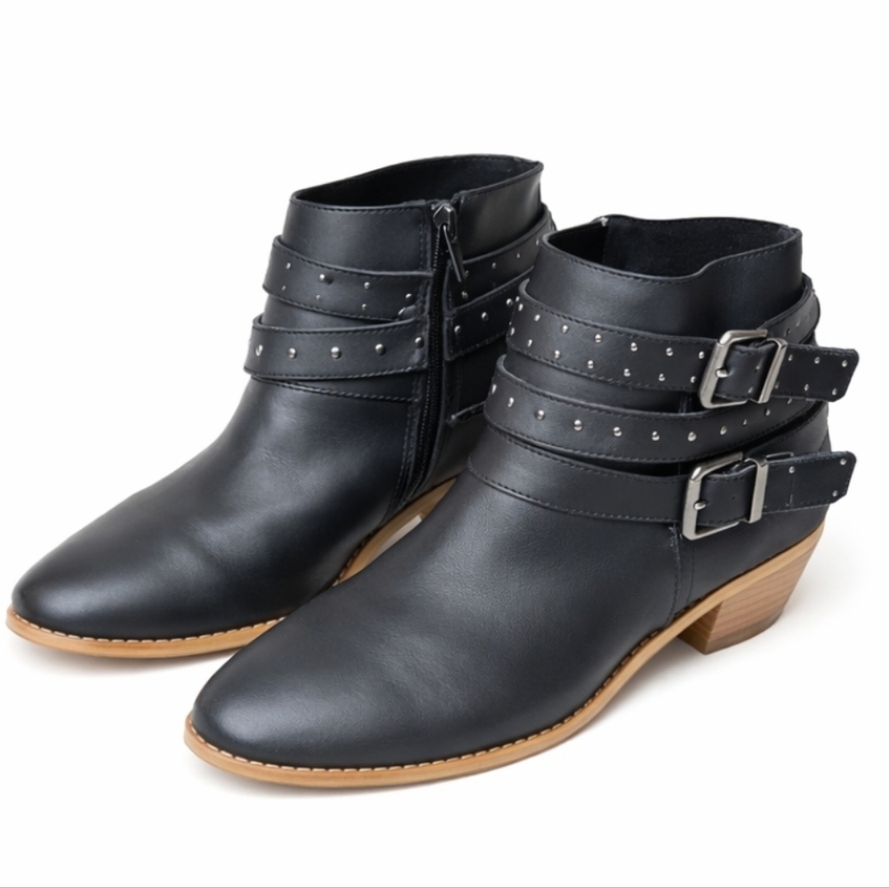 Rocket Dog Black Ankle Boots Studded Buckle Detail, Stacked 2" Heel Sz 10